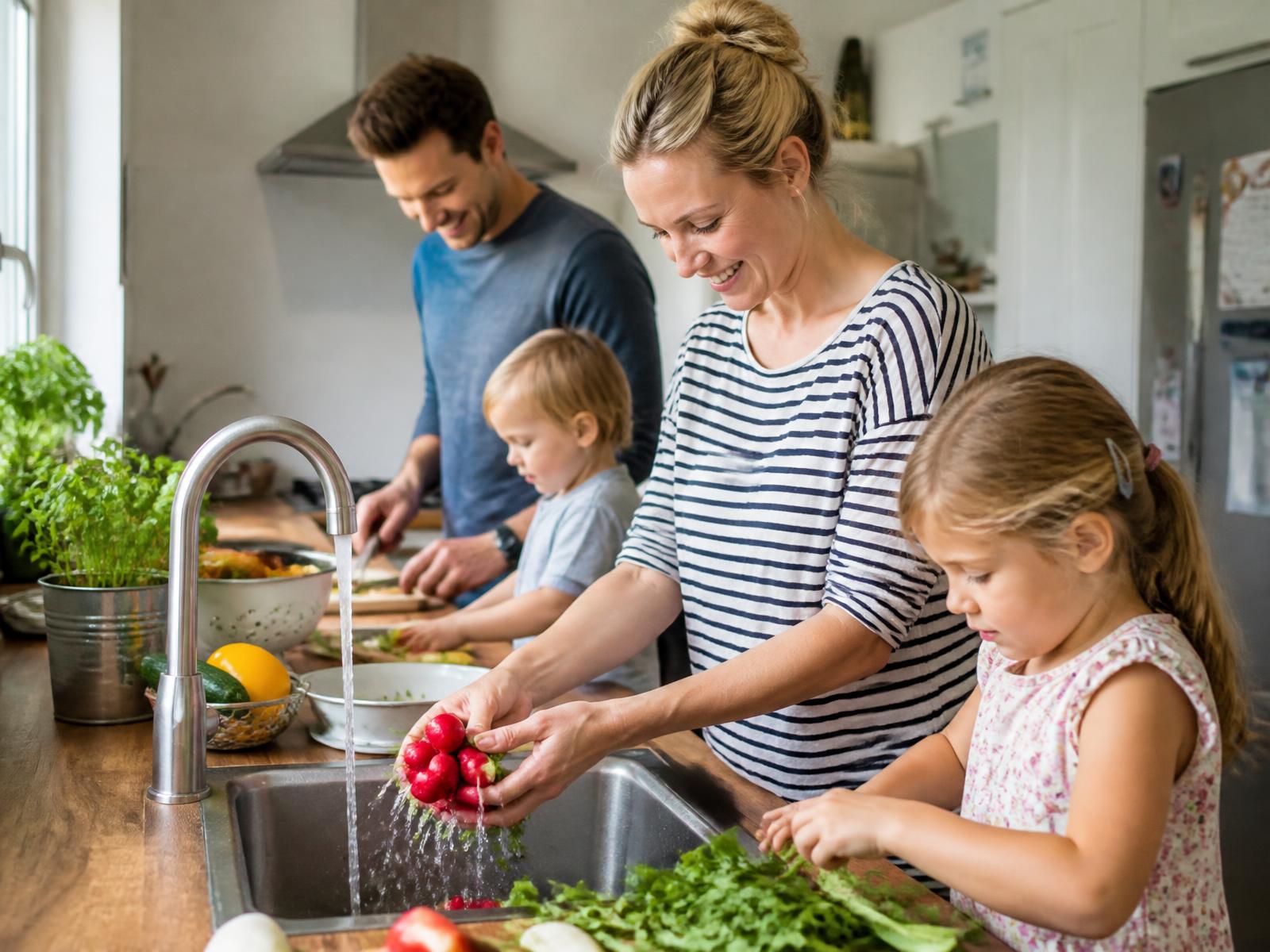 Familie kocht gemeinsam in einer hellen Küche