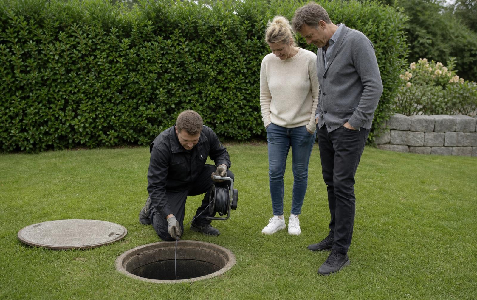 Monteur führt am geöffneten Schacht im Garten eine Kamerakontrolle durch, Eigentümerin schaut entspannt zu